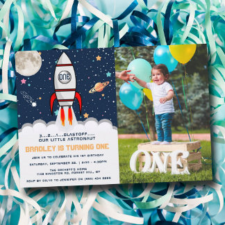Astronaut Rocket Outer Space 1. Geburtstag Foto Einladung