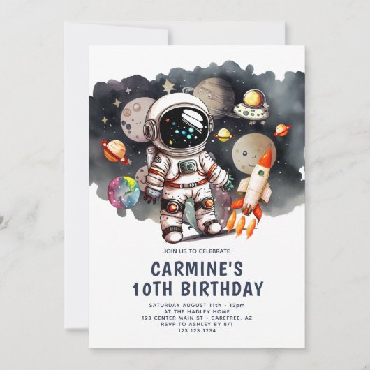 Astronaut Rocket Trip 10. Geburtstag Einladung (Vorderseite)