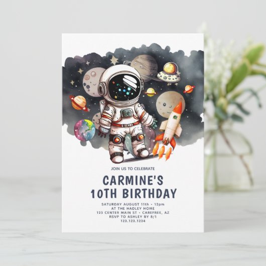 Astronaut Rocket Trip 10. Geburtstag Einladung (Stehend Vorderseite)