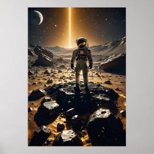 Astronaut schweben über glühenden goldenen Asteroi Poster