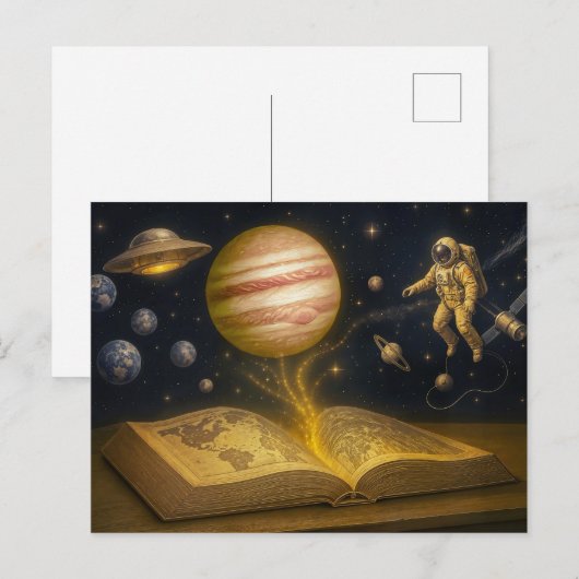 Astronaut schwimmt aus kosmischem Geschichtenbuch Feiertagspostkarte (Vorne/Hinten)