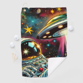 Astronaut schwimmt im Weltraum mit einem UFO Kunst Golfhandtuch (Insitu)