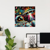 Astronaut schwimmt im Weltraum mit einem UFO Kunst Poster (Heimbüro)