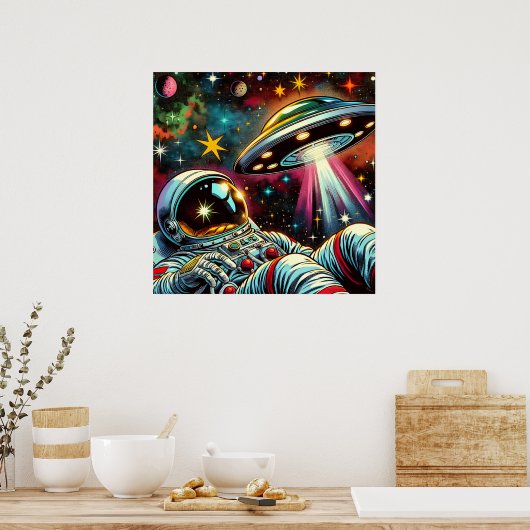Astronaut schwimmt im Weltraum mit einem UFO Kunst Poster (Küche)