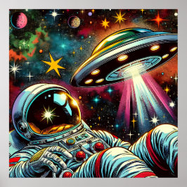 Astronaut schwimmt im Weltraum mit einem UFO Kunst Poster