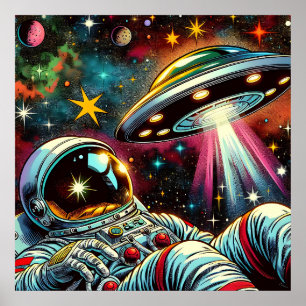 Astronaut schwimmt im Weltraum mit einem UFO Kunst Poster