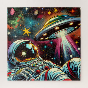 Astronaut schwimmt im Weltraum mit einem UFO Kunst Puzzle