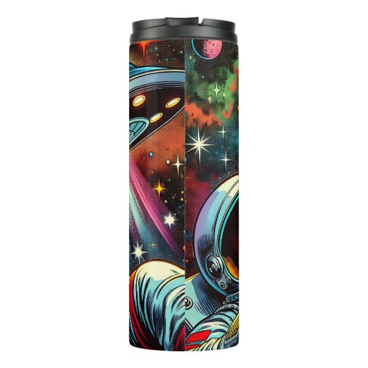 Astronaut schwimmt im Weltraum mit einem UFO Kunst Thermosbecher (Rückseite)