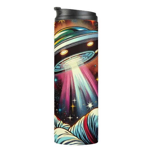 Astronaut schwimmt im Weltraum mit einem UFO Kunst Thermosbecher (Nach rechts gedreht)