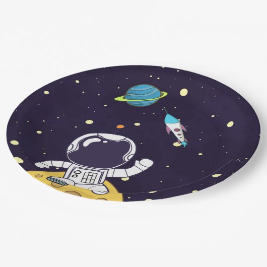 Astronaut schwimmt im Weltraum Pappteller (Schrägansicht)