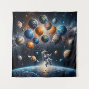 Astronaut schwimmt mit Planeten-Ballons Wandteppich