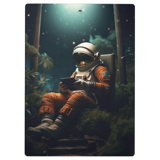 Astronaut sitzt auf einem Stuhl Klemmbrett (Rückseite)