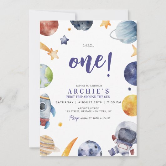 Astronaut Space 1. Reise um die Sonne zum Geburtst Einladung (Vorderseite)