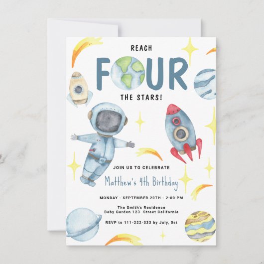 Astronaut Space 4. Geburtstag Einladung (Vorderseite)