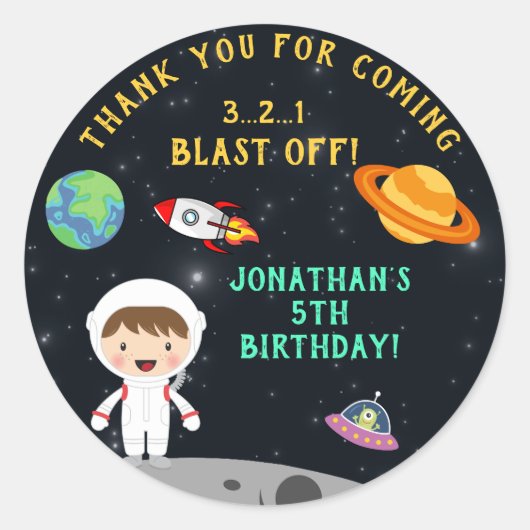 Astronaut Space Birthday - Personalized Blast Off" Runder Aufkleber (Vorderseite)