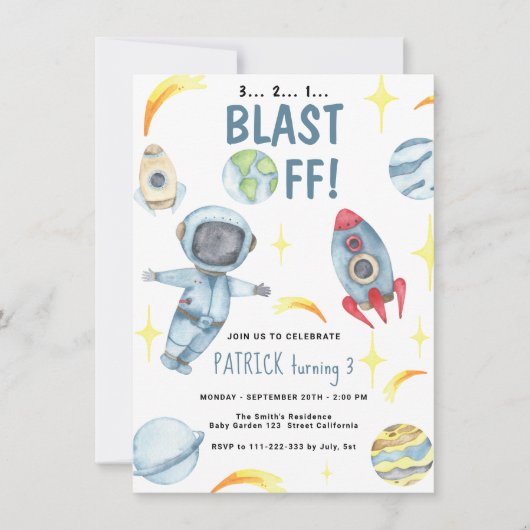 Astronaut Space Blash Off Birthday Party Einladung (Vorderseite)