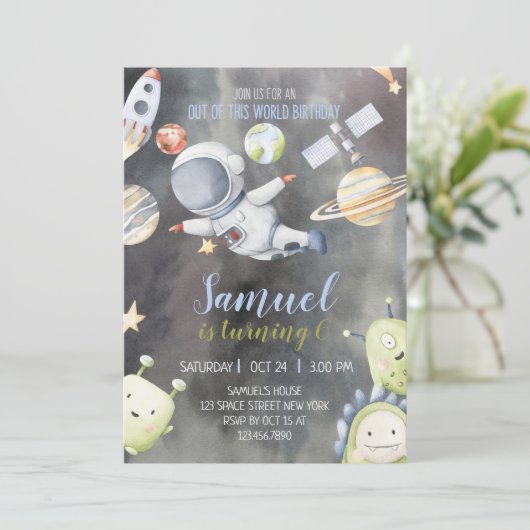 Astronaut Space Einladung zum Geburtstag (Stehend Vorderseite)