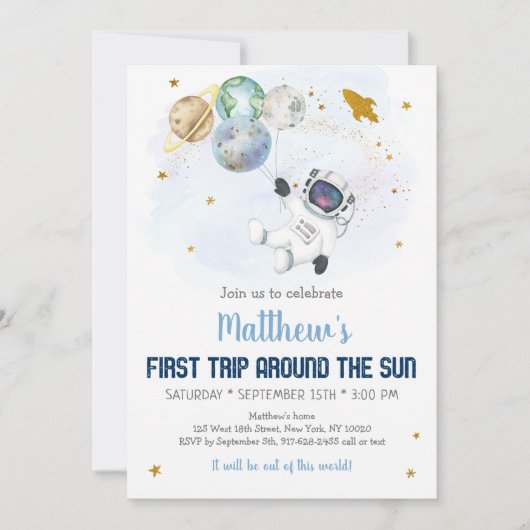 Astronaut Space Erste Reise um die Sonne Geburtsta Einladung (Vorderseite)