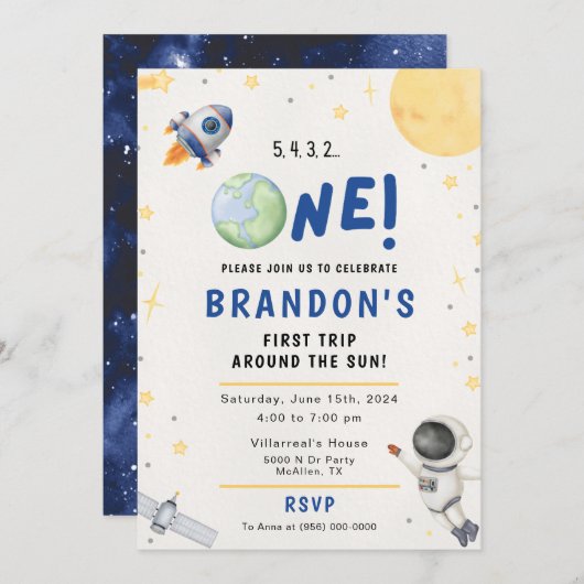 Astronaut Space First Trip Around The Sun Birthday Einladung (Vorne/Hinten)