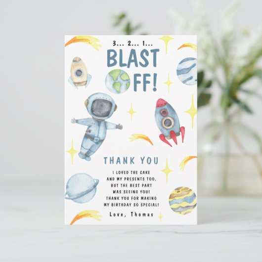 Astronaut Space Geburtstagsparty Dankeskarte (Stehend Vorderseite)