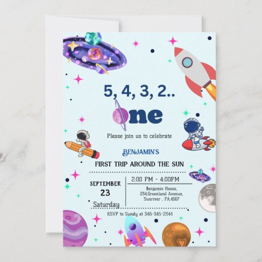 Astronaut Space geht zum ersten Mal um den sonnige Einladung (Vorderseite)