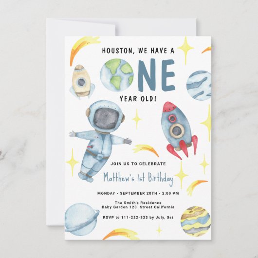 Astronaut Space zum ersten Geburtstag Einladung (Vorderseite)