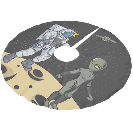 Astronaut und Alien Polyester Weihnachtsbaumdecke (Schrägansicht)