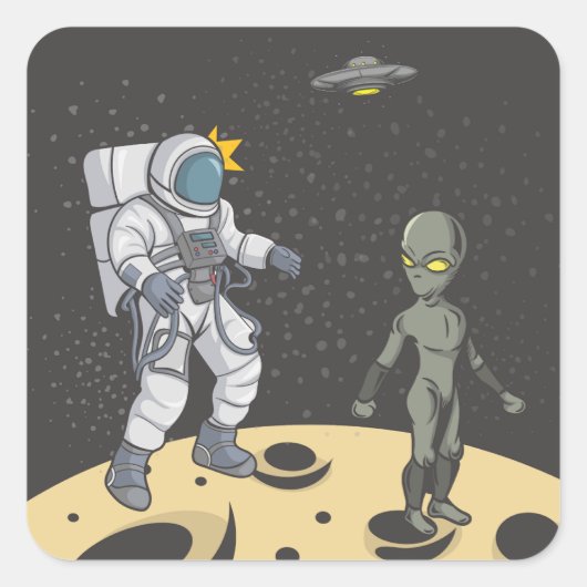 Astronaut und Alien Quadratischer Aufkleber (Vorderseite)