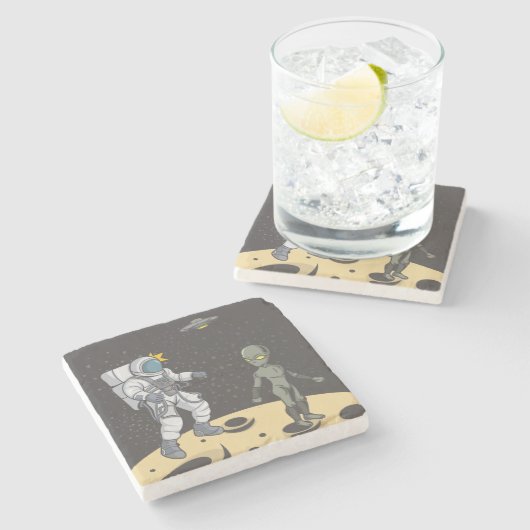 Astronaut und Alien Steinuntersetzer (Seitenansicht)