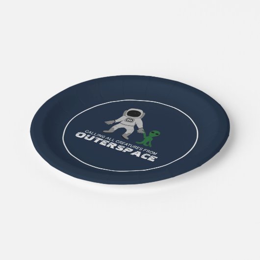 Astronaut und Alien, Weltraum Pappteller (Schrägansicht)