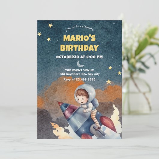 Astronaut und Jet zum Geburtstag Einladung (Stehend Vorderseite)