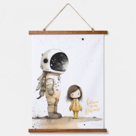 Astronaut und Mädchen Wandteppich Mit Holzrahmen
