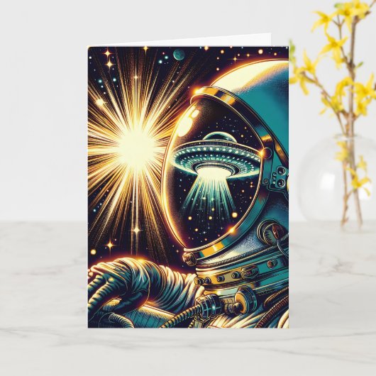 Astronaut und UFO Puff | Geburtstag Karte (Gelbe Blume)