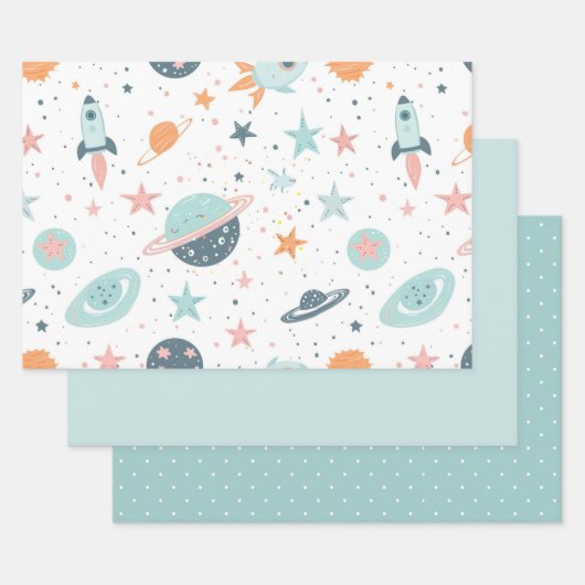Astronaut Wrapping Paper Flat Sheet Set of 3 Geschenkpapier Set (Set)