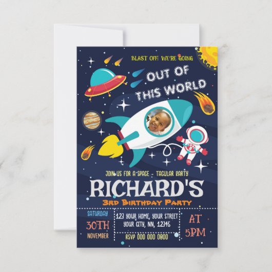 Astronaut zum Geburtstag Einladung mit Foto (Vorderseite)