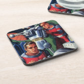 Astronauten der Vintagen Science Fiction, die eine Getränkeuntersetzer (Linke Seite)