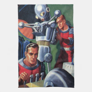 Astronauten der Vintagen Science Fiction, die eine Handtuch