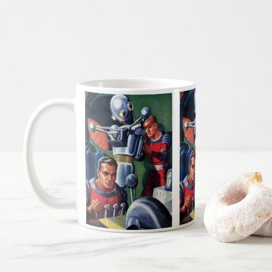 Astronauten der Vintagen Science Fiction, die eine Kaffeetasse (Mit Donut)