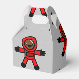 Astronauten des roten Anzugs auf grau Geschenkschachtel