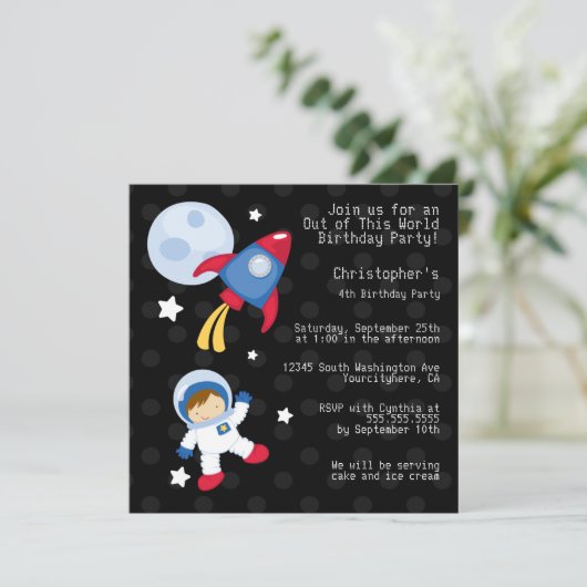 Astronauten-Geburtstagsfeier Einladung (Stehend Vorderseite)