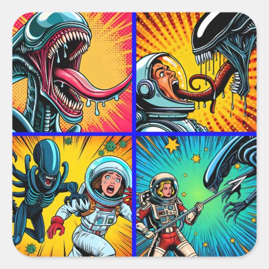Astronauten gegen Alien Pop Art Quadratischer Aufkleber (Vorderseite)
