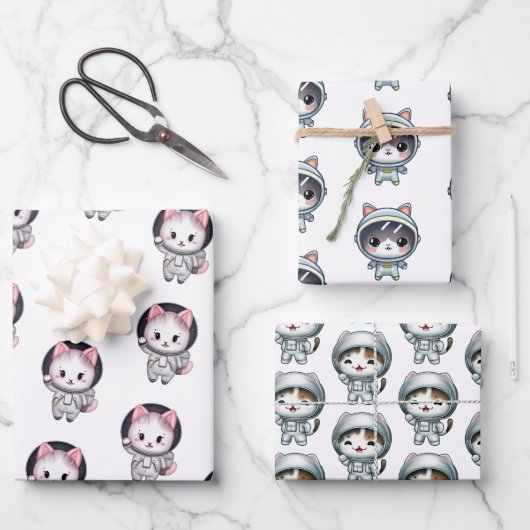 Astronauten Katzen im Weltraum mit Freunden Niedli Geschenkpapier Set (Vorderseite)