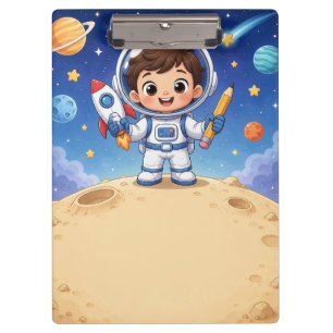 Astronauten-Kind bereit, das Schulnotizbuch zu erk Klemmbrett