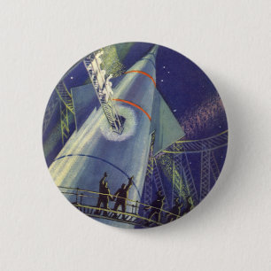 Astronauten mit Vintager Science Fiction auf Raket Button