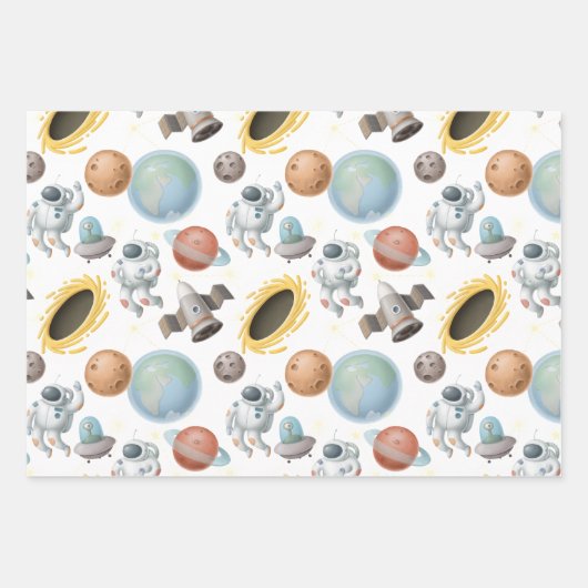 Astronauten, Raketen und Planeten auf Weiß Geschenkpapier Set (Vorderseite)