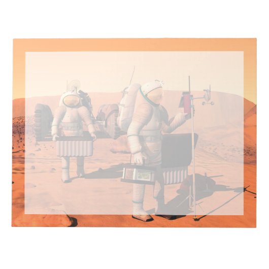 Astronauten richten Wetterausrüstung auf Mars ein. Notizblock (Vorderseite)