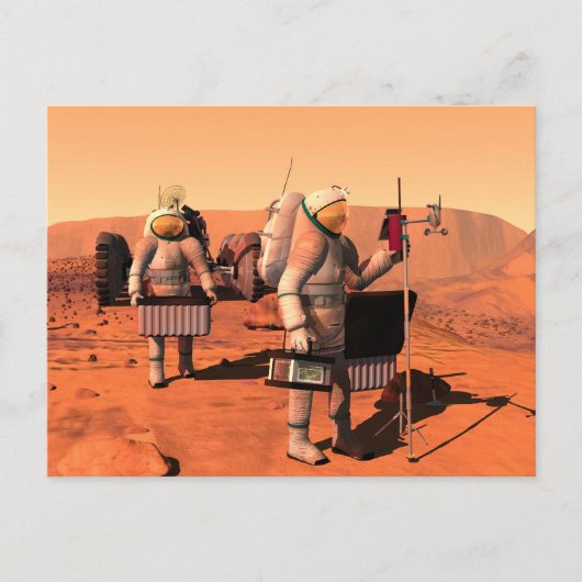 Astronauten richten Wetterausrüstung auf Mars ein. Postkarte (Vorderseite)