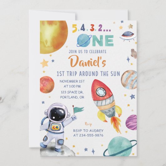 Astronauten Weltraum 1. Fahrt um die Sonne Einladung (Vorderseite)