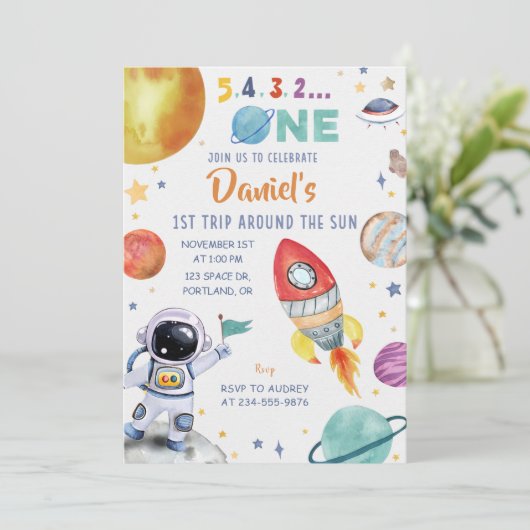 Astronauten Weltraum 1. Fahrt um die Sonne Einladung (Stehend Vorderseite)