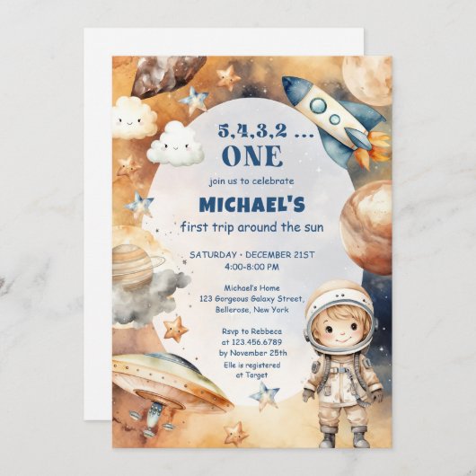Astronauten Weltraum erste Reise um die Sonne zum Einladung (Vorne/Hinten)